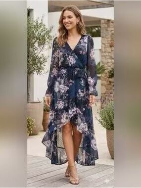 Size Small- free press Navy Floral High-Low Wrap Dress